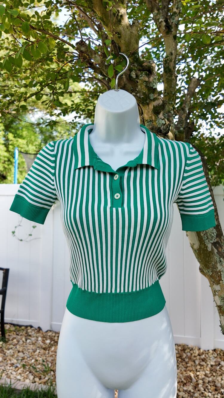 Zara Green White Striped Knit Polo Top Short Sleeve Stretch Women’s S